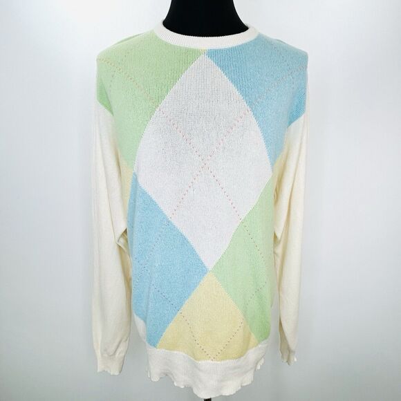 Bullock & Jones Sweater Men XXL Cream Blue Pink Knit Preppy Argyle Cashmere Silk - Picture 1 of 9